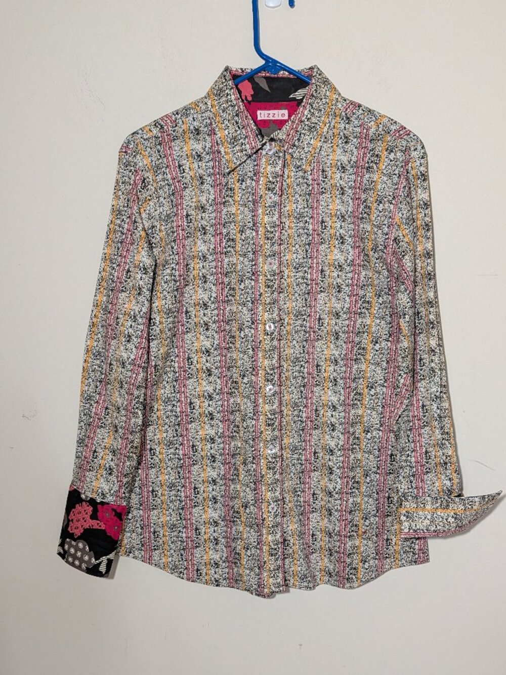 Tizzie Cotton Lycra Blend Abstract Print Contrast Cuffs Button Down Shirt Sz L